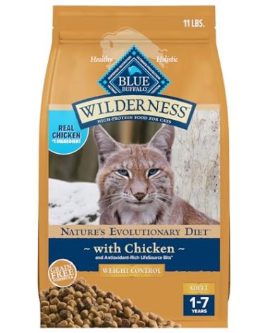 Blue Buffalo Wilderness High-Protein, Grain-Free Natural Dry Food for Adult Cats, Weight Control, Chicken, 11-lb Bag