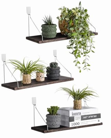 MITIME Floating Shelves Set of 3 Rustic Solid Wood Floating Shelf Wall Storage Shelves for Living Room, Bedroom, Bathroom, Kitchen Laundry, Office.no Drill Shelf(Retro Color L+L+L)