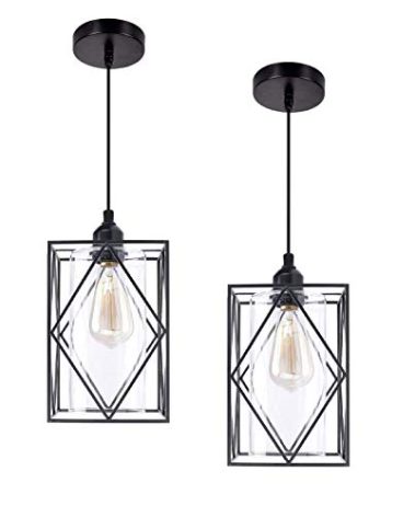 HMVPL Farmhouse Pendant Light Fixtures, Set of 2 Black Farmhouse Hanging Chandelier Lights with Glass Shade, Mini Industrial Ceiling Lamp for Kitchen Island Dining Room Over Sink Hallway Bedroom