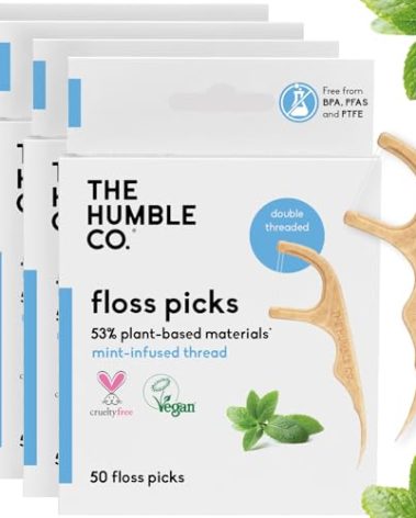 The Humble Co. Floss Picks (200 Count) – Plant Based Dental Floss Picks for Superior Oral Care, Dental Hygiene, and Gum Health, Cruelty Free Tooth Floss Picks (Mint, Double Thread)
