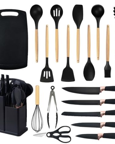 Cooking Utensils Set,19 Kitchen Set Utensils Set with 11 Pieces Spatula Cooking Utensils,Heat Resistant Silicone Utensils 6 Piece Sharp Knife Set 2 Pieces Utensil Cutting Board (Black 19 PCS Set)
