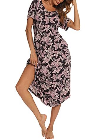 YOZLY Nightgowns for Women Short Sleeve Long Night Gowns Soft V Neck Sleepwear with Pockets, Floral Purple, X-Large