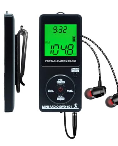 AM/FM Personal Portable Mini Radio with Digital Tuning LCD Display and Backlight Time, SWDSTP Rechargeable Pocket Radio with Earphone and Belt Clip for Walking, Jogging