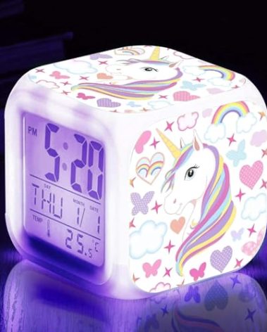 TOUCH X Kids Alarm Clocks, Cute Unicorn Night Light Kids Alarm Clocks with 4 Sided Unicorn Pattern&9 Kinds of LED Glowing Wake Up Bedside Clock Gifts for Unicorn Room Decor for Girls Bedroom