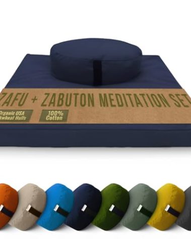 Meditation Cushion Mat Set - Large Oval Zafu Floor Pillow Organic Buckwheat Pillow + Cotton Filled Zabuton Prayer Pad - Meditation Pillow Yoga Knee Pad - Made in USA - 18" Oval, NAVY Cotton