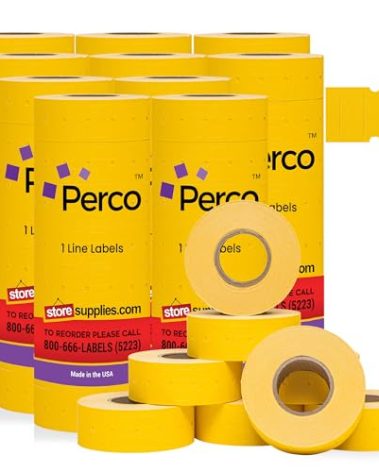 Perco 1 Line Yellow Labels - 80 Rolls, 10 Sleeves, 80,000 Blank Price and Date Gun Labels for Perco Lite, X, Plus and Pro 1 Line Price and Date Guns - Made in USA