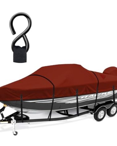 Cerumute Boat Cover, Heavy Duty 1200D Waterproof Boat Covers 16-18.5ft with Motor Cover and Windproof Adjustable Metal Buckle Fits Bass,V-Hull,Tri-Hull,Runabout Boat,Burgundy
