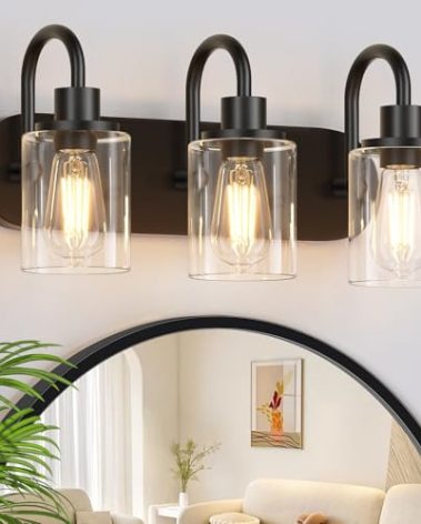 Baocuz 3-Light Bathroom Light Fixtures, Black Vanity Light Farmhouse Wall Sconces with Clear Glass Shade, Modern Bathroom Wall Lamp for Mirror Bedroom Hallway Living Room Cabinet