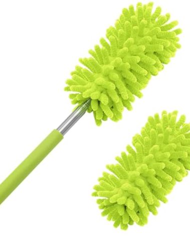 Microfiber Duster for Cleaning, Tukuos Hand Washable Dusters with 2pcs Replace Microfiber Head, Extendable Pole, Detachable Cleaning Brush Tool for Office, Car, Window, Furniture, Ceiling Fan Green