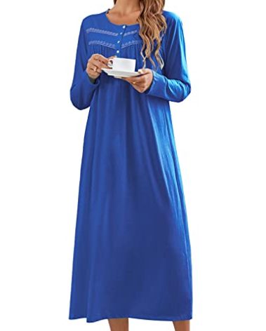 IZZY + TOBY Cotton Nightgowns for Women Long Sleeve Soft Long Warm Kintted Night Gown Ladies Nightdress Royal Blue XL