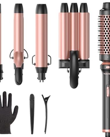Wavytalk 5 in 1 Curling Wand Set, Dual Voltage Curling Iron Set with 5 Interchangeable Barrels Included A Thermal Brush, A Hair Crimper and 3 Ceramic Curling Wands(0.5"-1.25"), Rose Pink