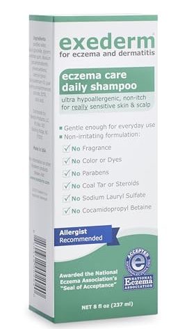 Exederm Shampoo for Eczema & Seborrheic Dermatitis, 8 Fl Oz, Ultra Sensitive Non-Irritating Formula, Daily Hair Care for Dry, Irritated, Flaky and Itchy Scalp, Hypoallergenic, Paraben & Sulfate Free