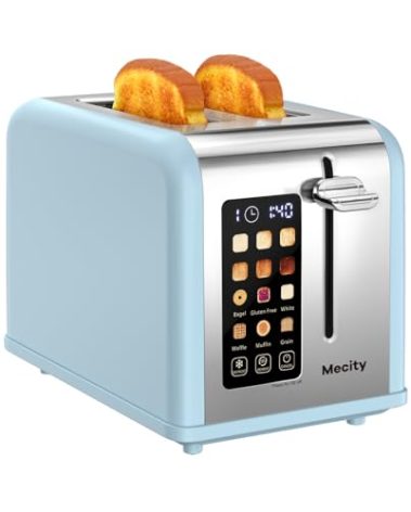 Mecity 2 Slice Touch Screen Toaster, 1.5" Wide Slot, Stainless Steel Smart Toaster for Bagels, Muffins, Waffles, Gluten-Free Breads, Defrost, Reheat, Timer, 120V 825W, Ice Blue