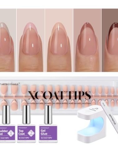BTArtboxnails XCOATTIPS Press on Nails Short - Skin Tones Almond Nail Tips, Soft Gel Nail Tips with Nail Gel, French Protecting Duo, Nail Lamp, All in One Fake Nails French Tip Press on Nails Kit