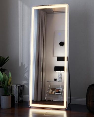 VooBang 64"x21" LED Mirror Full Length - Floor Body Mirror with Dimmable Lights - 3 Color Modes, Standing Leaning Wall Mounted for Bedroom, Dressing Room