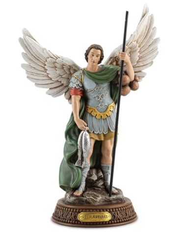 DevotedWalls 10.2"H Saint Raphael Statue Painted in Full Color, Angel St. Raphael with Name Plate on Base,Travel Protection Patron Archangel Saint St. Rafael, Estatua del Arcángel San Rafael Figurine