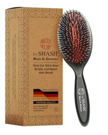 SHASH Since 1869 Hand Made In Germany - Nylon, 100% First Cut Boar Bristle Brush Suitable For Normal to Thick Hair - Gently Detangles, No Pulling or Split Ends - Softens Improves Texture, (Medium)