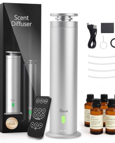 MQLMF Hotel Collection Diffuser Machine,Remote,Rechargeable,Included 5 Scent Oils,Whisper-Quiet,Aluminum,1500 Sq Ft,Waterless Diffuser - Glacier Silver