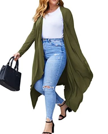 IN'VOLAND Women's Plus Size Cardigan Long Sleeve Open Front Drape Cardigans Lightweight Long Duster Olive