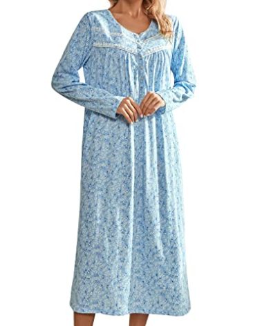 IZZY + TOBY Cotton Nightgowns for Women Long Sleeve Soft Long Warm Kintted Night Gown Ladies Nightdress Blue Flower L