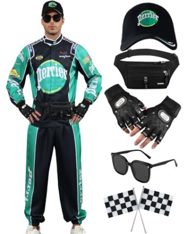 kakufunny 7 Pcs Race Car Driver Costume Adult Halloween Costume Racing Costume Racing Jumpsuit Full Cosplay Set