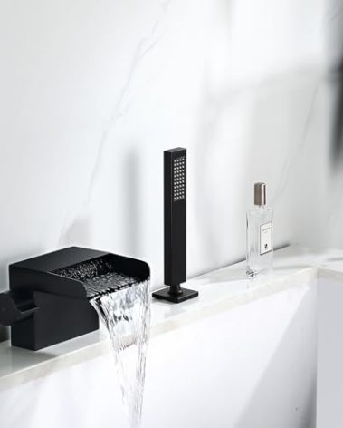 Waterfall Tub Faucet 2 Hole Widespread Tub Filler High Flow Bathtub Faucet Black Deck Mount Bath Tub Faucet set with Hand Shower