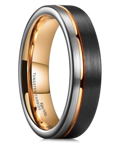 King Will Tungsten Carbide Wedding Band 6mm Rose Gold Line Ring Black and Silver Brushed Comfort Fit 6.5