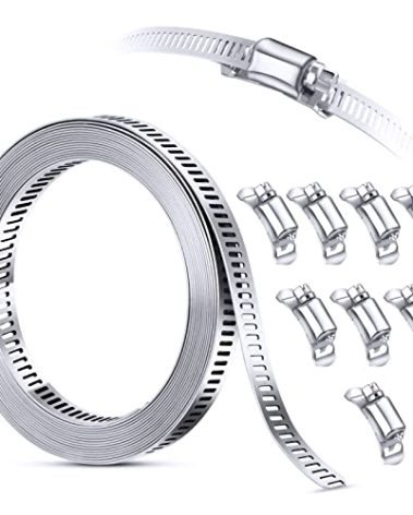 Steelsoft 304 Stainless Steel Hose Clamp Assortment Kit DIY, Cut-To-Fit 12 FT Metal Strap+8 Stronger Fasteners,Large Adjustable Worm Gear Band Hose Clamps Screw Clamps Duct Pipe Metal Clamp Strapping