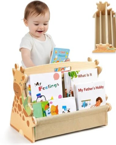SheSeek Toddler Bookshelf Double-Sided with 4 Tier Deep Sleeves Kids Wooden Montessori Book Rack for Baby Nursery Room, Playroom, Classroom or Bedroom Bookcase Storage Organizer, Light Wood Giraffe