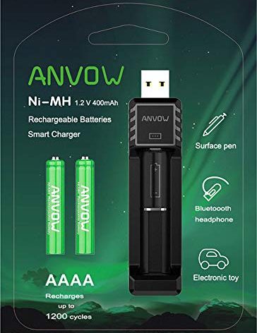 ANVOW Smart AAAA Battery Charger with 2 Counts Rechargeable AAAA Batteries - Ni-MH 1.2V 400mAh 1200 Cycles Surface Pen Active Stylus Rechargables Battery
