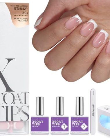 BTArtboxnails XCOATTIPS Gel Nail Kit - Short Squre French Tip Press on Nails Kit, Pink Soft Gel Nail Tips with Nail Gel, French Protecing Duo and Nail Lamp for Gift Home DIY