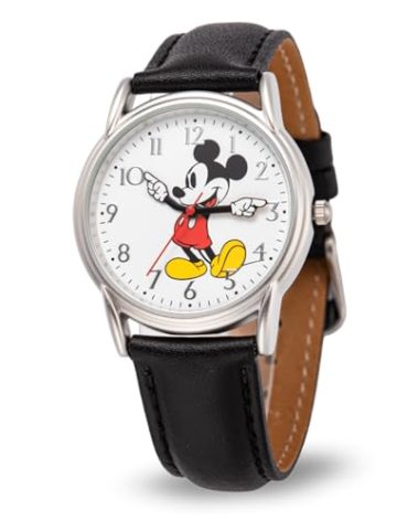 Disney Mickey's Articulating Hands Watch - Mickey Mouse Watch for Men - Vintage 90s Mouse Watches - Classic Men's Toys - Stylish Design - Silver Case - Black Leather Strap