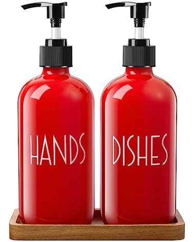 ALELION Dish Soap Dispenser for Kitchen - 16 OZ Glass Hand Soap Dispenser Set with Acacia Wood Tray - Red Kitchen Bathroom Decor and Accessories
