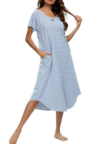 YOZLY Nightgowns for Women Short Sleeve Long Night Gowns Soft V Neck Sleepwear with Pockets, Light Blue Stripe, X-Large