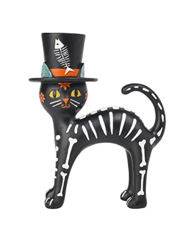Halloween Decorations Sugar Cat Skeleton-Decor - Day of The Dead Décor Dia De Los Muertos Black Resin Stading Kitten with Hat Skull Figurines Gothic Farmhouse Decor 8x4.5x9.25 inch Newman House Studio