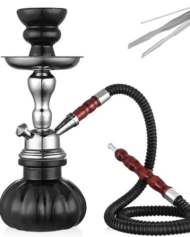 Hookah Set, 11'' Shisha Hookah Complete Set With Mini Pumpkin Hookah Glass Vase, Ceramic Bowl, Wooden Handle Hose, Coal Tong (black)