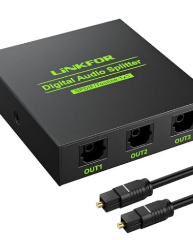LiNKFOR Digital Optical Audio 1x3 Splitter Digital SPDIF Toslink Optical Fiber Audio Splitter 1 in 3 Out Aluminum Alloy with Optical Cable Support 5.1CH Dolby-AC3 DTS for PS3 Blue-Ray DVD HDTV