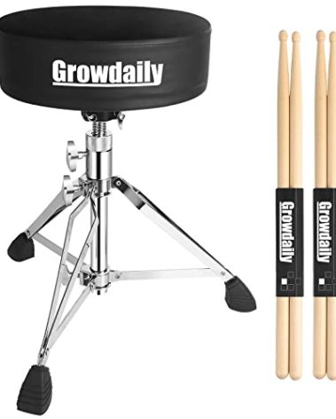 GrowDaily Drum Throne Seat,Adjustable Stool Drum Universal Thick Padded Drum Throne Drummer Stool with 2Pacs 5A Drumsticks