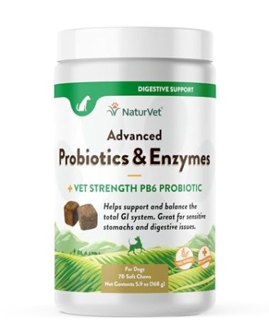 NaturVet Advanced Probiotics & Enzymes, PB6 Dog Soft Chews to Help Sensitive Stomachs and Digestive Issues, Hickory Smoked Bacon Flavored Pet Supplement for Dogs Over 6 Weeks, 70 Count Jar
