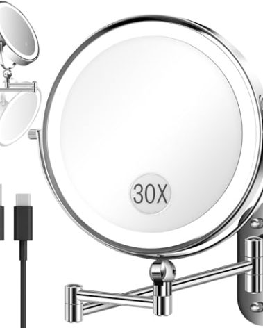 30X/1X Wall Mounted Lighted Makeup Mirror, 9'' Height Adjustable Double Sided 5000mAh Rechargeable Magnifying Bathroom Mirror with Light, 3 Color Modes Touch Dimmable Extended Arm 360 Rotation