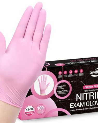 SwiftGrip Pink Nitrile Gloves, 3-mil, Industrial Gloves Disposable Latex Free, for Cleaning & Esthetician, Rubber Powder-Free, 100-ct Box (Medium) Medium (Pack of 100)
