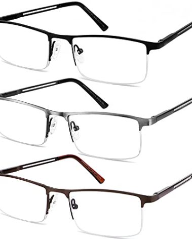 JJWELL 3 Pack Blue Light Reading Glasses for Men, Lightweight Metal Rectangle Semi Rimless Readers for Men, Anti Eyestrain/Computer Glare/UV, Half Frame Spring Hinge Eyeglasses with Pouches