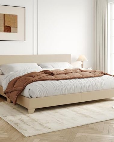 Allewie King Size Bed Frame with Adjustable Headboard, Upholstered Platform Bed with Wood Slats, Heavy Duty Mattress Foundation, No Box Spring Needed, Noise-Free, Easy Assembly, Beige