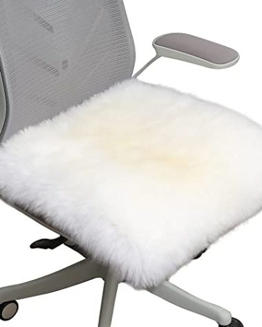 LLB Sheepskin Chair Cushion Non-Slip Back Square Genuine Fur Chair Cover Silky Natural Wool Seat Cushion Pad Soft Area Rugs Carpet for Home Office Restaurant Chair 18x18 Inch (Pack of 1), Ivory White