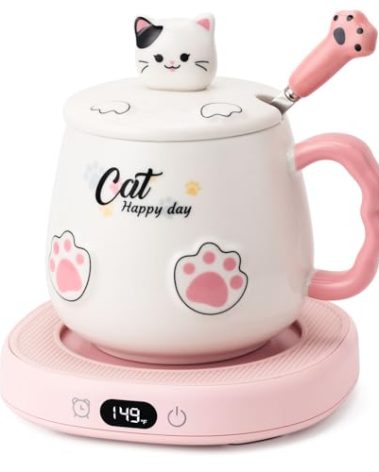Bsigo Smart Coffee Mug Warmer & Cute Cat Mug Set, Coffee Beverage Cup Warmer for Desk Home Office, Candle Warmer Plate for Cocoa Milk Tea Water with 3 Temperature Up to 149℉/ 65℃, 8 Hour Auto Shut Off