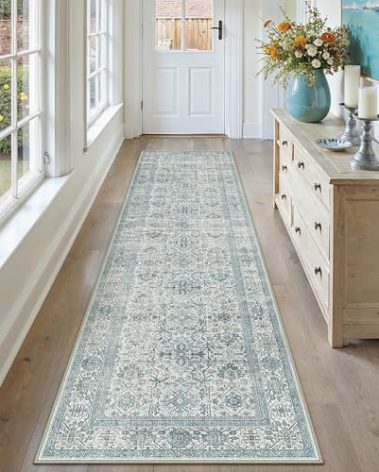 PureCozy Blue Runner Rug 3x8 Vintage Area Carpet Hallway Long Indoor Kitchen Washable Living Room Low Pile Traditional Distressed Retro Accent Throw Rug Non Slip Laundry Bathroom Office Dining Room