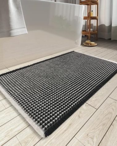 AMOAMI Upgraded Waffle Bath Mat, Super Absorbent Non Slip Bath Mats for Bathroom Floor, Machine Washable Bathroom Rugs with Tassels, Rubber Backed Bathroom Mats, Ultra Soft, 24" x 36",Black & Cream