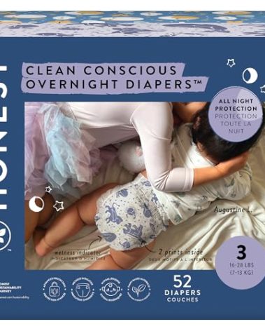 The Honest Company Clean Conscious Overnight Diapers for Sensitive Skin, Hypoallergenic Fragrance-Free Baby Diapers, Cozy Cloud and Star Signs Design, Club Box, Size 3 (16–28 lbs), 52 Count