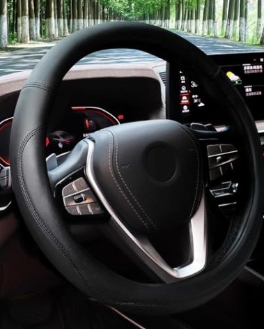 HOTOR Car Steering Wheel Cover - Universal Car Accessory for Diverse Cars, Durable Leather Cover with Anti-Slip Lining, for Steering Wheel with a Diameter of 14.5"-15",Black