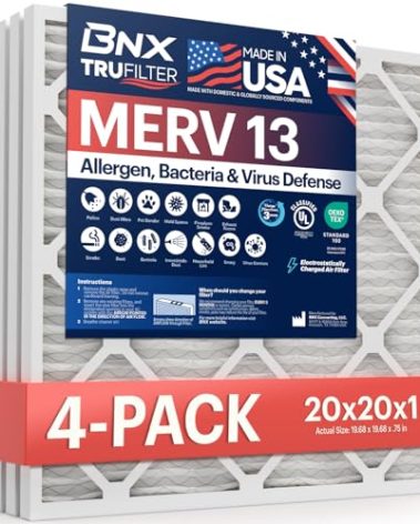 BNX TruFilter 20x20x1 MERV 13 (4-Pack) AC Furnace Air Filter - MADE IN USA - Electrostatic Pleated Air Conditioner HVAC AC Furnace Filters - Removes Pollen, Mold, Bacteria, Smoke